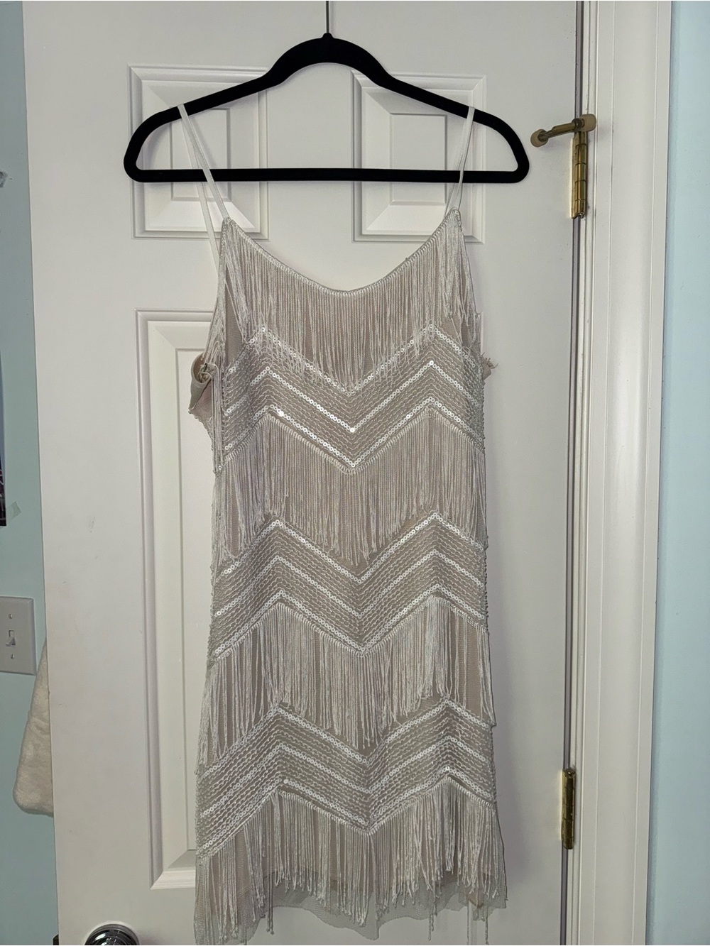 Lulu's Beige/White Fringe Chevron Slip Dress